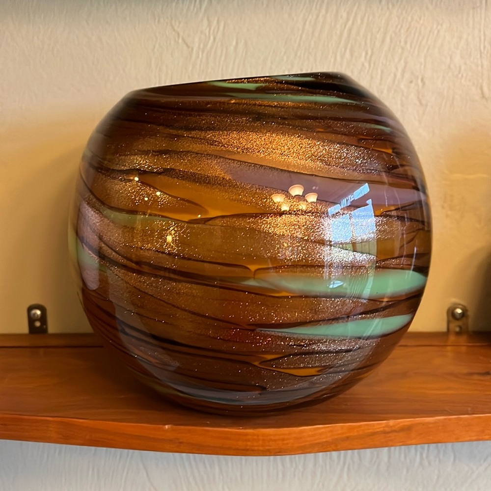 HQT Glass Bronze Metallic Round Vase Green Brown Copper Gold